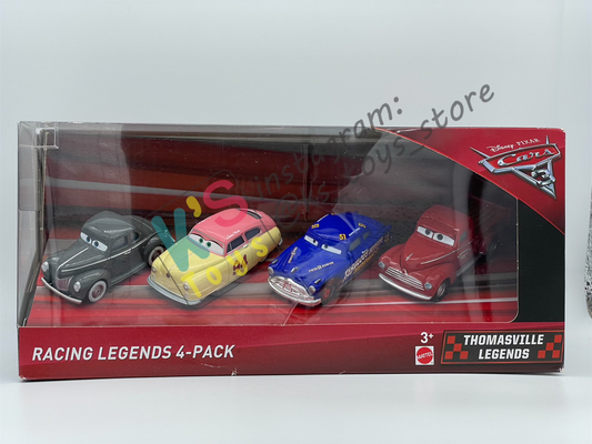 RARE DISNEY PIXAR CARS - RACING LEGENDS 4-PACK; DIRT TRACK FABULOUS HUDSON HORNET, HEYDAY SMOKEY, HEYDAY LOUISE NASH, AND HEYDAY JUNIOR MOON - BNIP