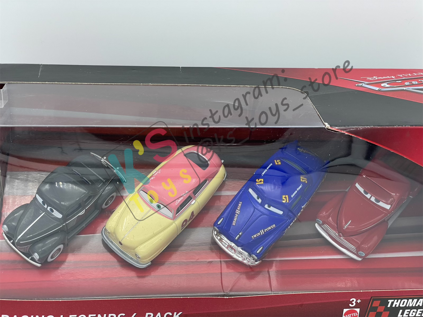 RARE DISNEY PIXAR CARS - RACING LEGENDS 4-PACK; DIRT TRACK FABULOUS HUDSON HORNET, HEYDAY SMOKEY, HEYDAY LOUISE NASH, AND HEYDAY JUNIOR MOON - BNIP