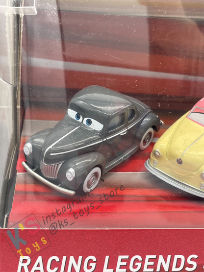 RARE DISNEY PIXAR CARS - RACING LEGENDS 4-PACK; DIRT TRACK FABULOUS HUDSON HORNET, HEYDAY SMOKEY, HEYDAY LOUISE NASH, AND HEYDAY JUNIOR MOON - BNIP