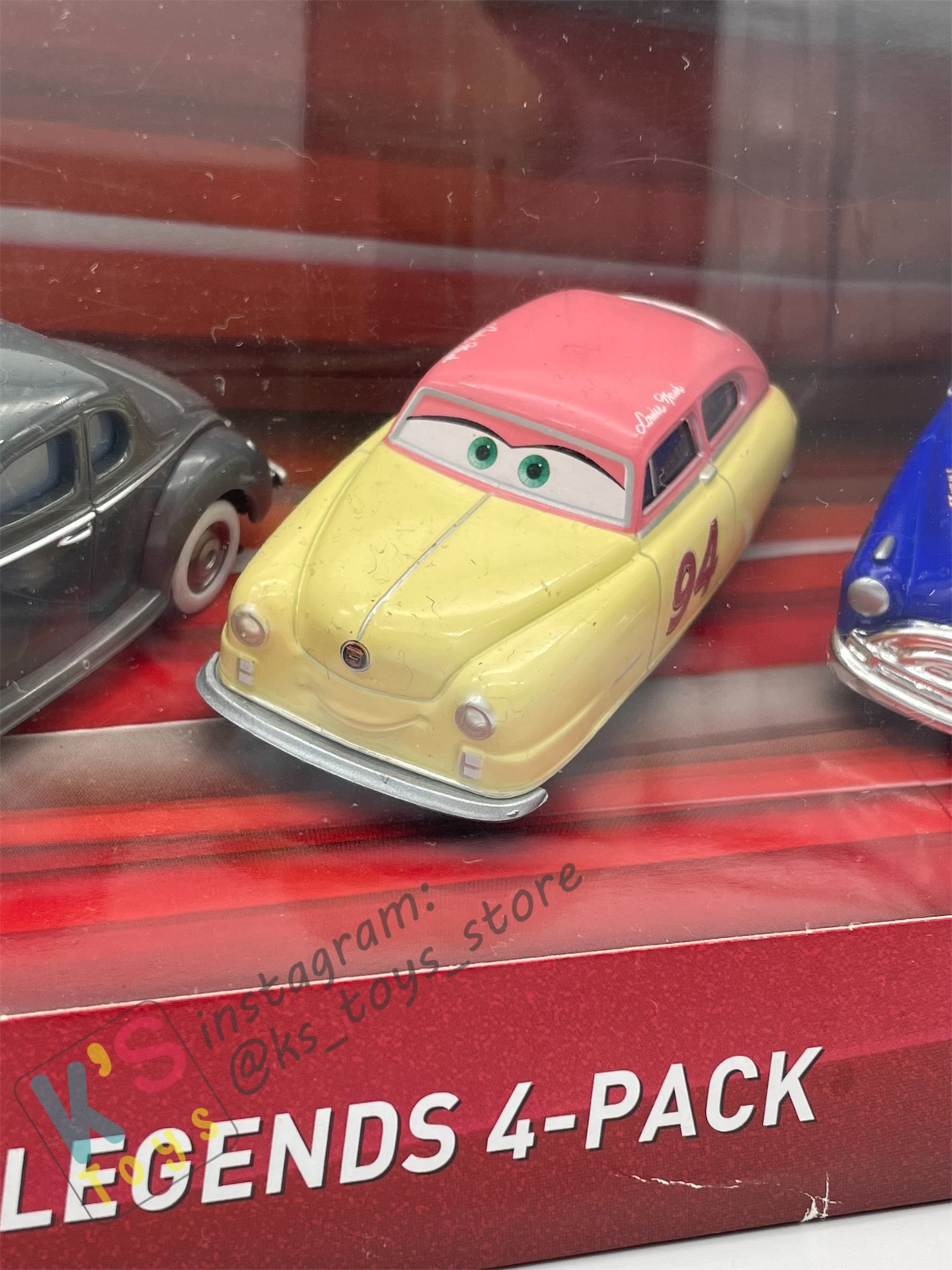 RARE DISNEY PIXAR CARS - RACING LEGENDS 4-PACK; DIRT TRACK FABULOUS HUDSON HORNET, HEYDAY SMOKEY, HEYDAY LOUISE NASH, AND HEYDAY JUNIOR MOON - BNIP