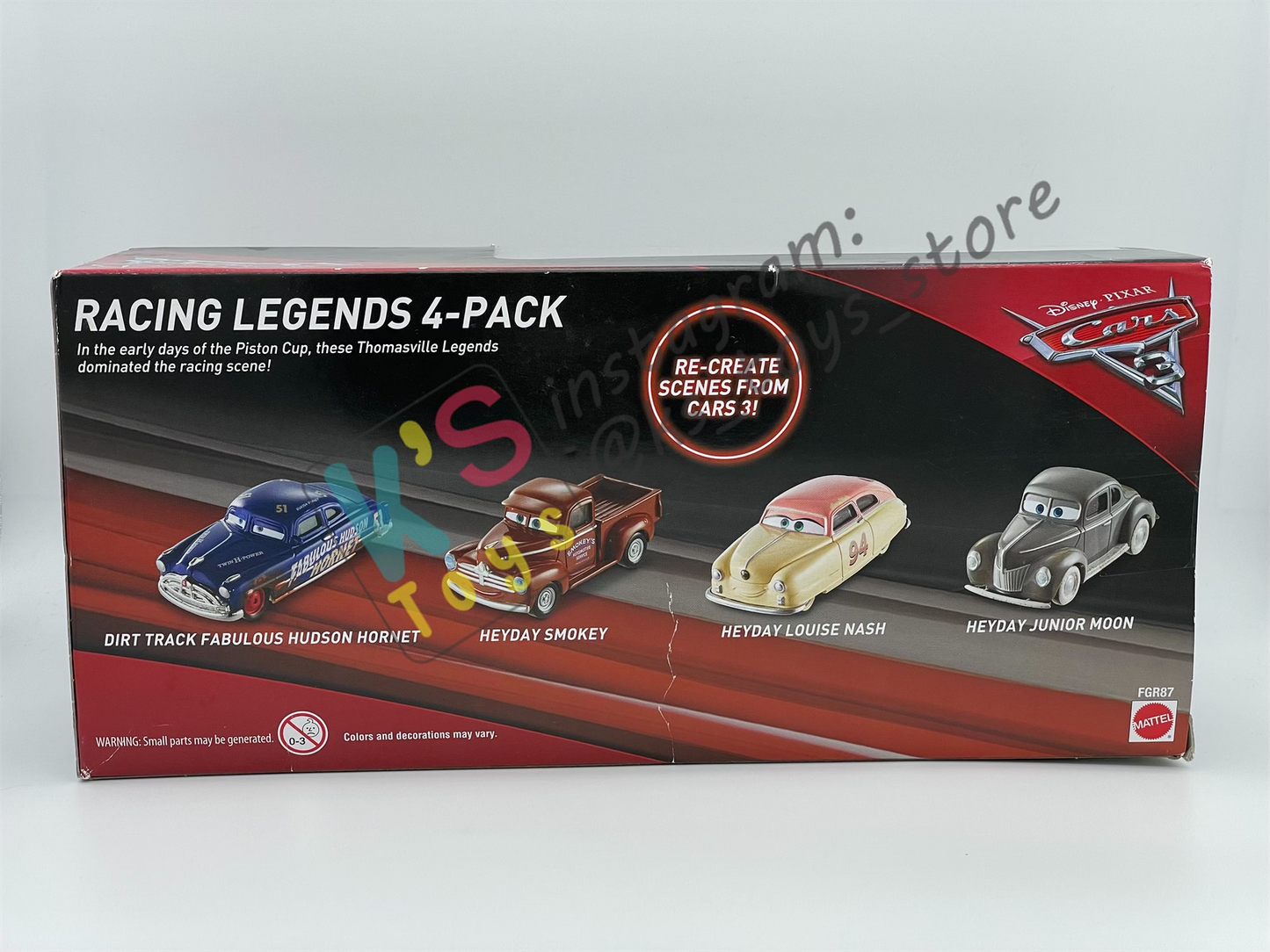 RARE DISNEY PIXAR CARS - RACING LEGENDS 4-PACK; DIRT TRACK FABULOUS HUDSON HORNET, HEYDAY SMOKEY, HEYDAY LOUISE NASH, AND HEYDAY JUNIOR MOON - BNIP