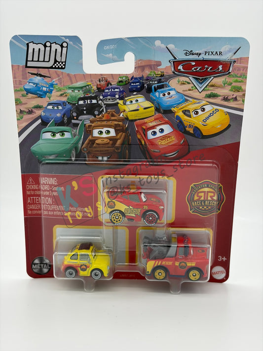 MINI RACERS DISNEY PIXAR CARS 3-PACK BY MATTEL  "RACE & RESCUE LIGHTNING MCQUEEN, RACE & RESCUE LUIGI, AND RACE & RESCUE MATER" - 2026 RELEASE - BNIP