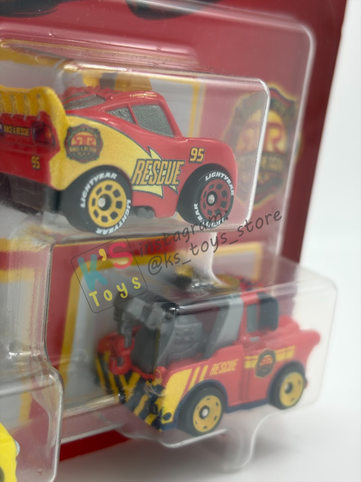 MINI RACERS DISNEY PIXAR CARS 3-PACK BY MATTEL  "RACE & RESCUE LIGHTNING MCQUEEN, RACE & RESCUE LUIGI, AND RACE & RESCUE MATER" - 2026 RELEASE - BNIP
