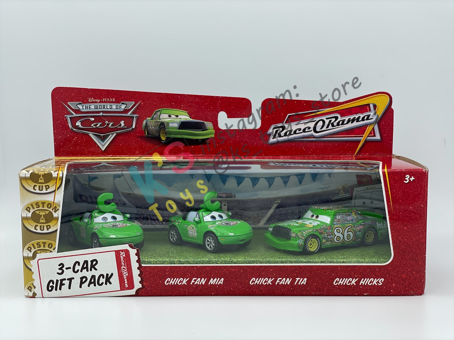 DISNEY PIXAR CARS BY MATTEL - RACE ORAMA 3 PACK - CHICK FAN MIA, CHICK FAN TIA AND CHICK HICKS - BNIB