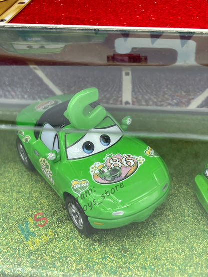 DISNEY PIXAR CARS BY MATTEL - RACE ORAMA 3 PACK - CHICK FAN MIA, CHICK FAN TIA AND CHICK HICKS - BNIB