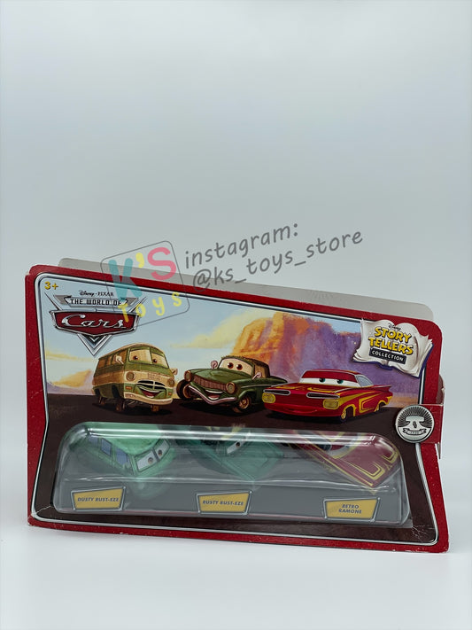 STORY TELLERS DISNEY PIXAR CARS BY MATTEL, 3 PACK "DUSTY RUST-EZE, RUSTY RUST-EZE AND RETRO RAMONE" - BNIP