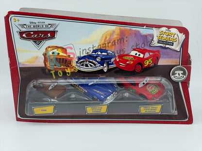 STORY TELLERS DISNEY PIXAR CARS BY MATTEL, 3 PACK "FRED, FABULOUS HUDSON HORNET, SMELL SWELL LIGHTNING MCQUEEN" - BNIP