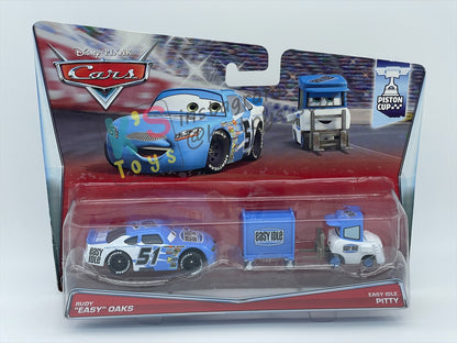 Disney Pixar Cars 1:55 by Mattel 2-Pack, "RUBY “EASY” OAKS AND EASY IDLE PITTY" - PISTON CUP SERIES - BNIP READ DESCRIPTION!!!!!!!!!