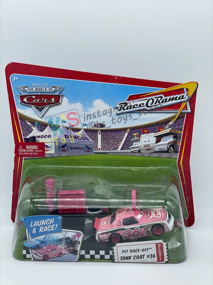 Disney Pixar Cars 1:55 by MATTEL, "PIT RACE-OFF TANK COAT #36" , LAUNCH & RACE - BNIP