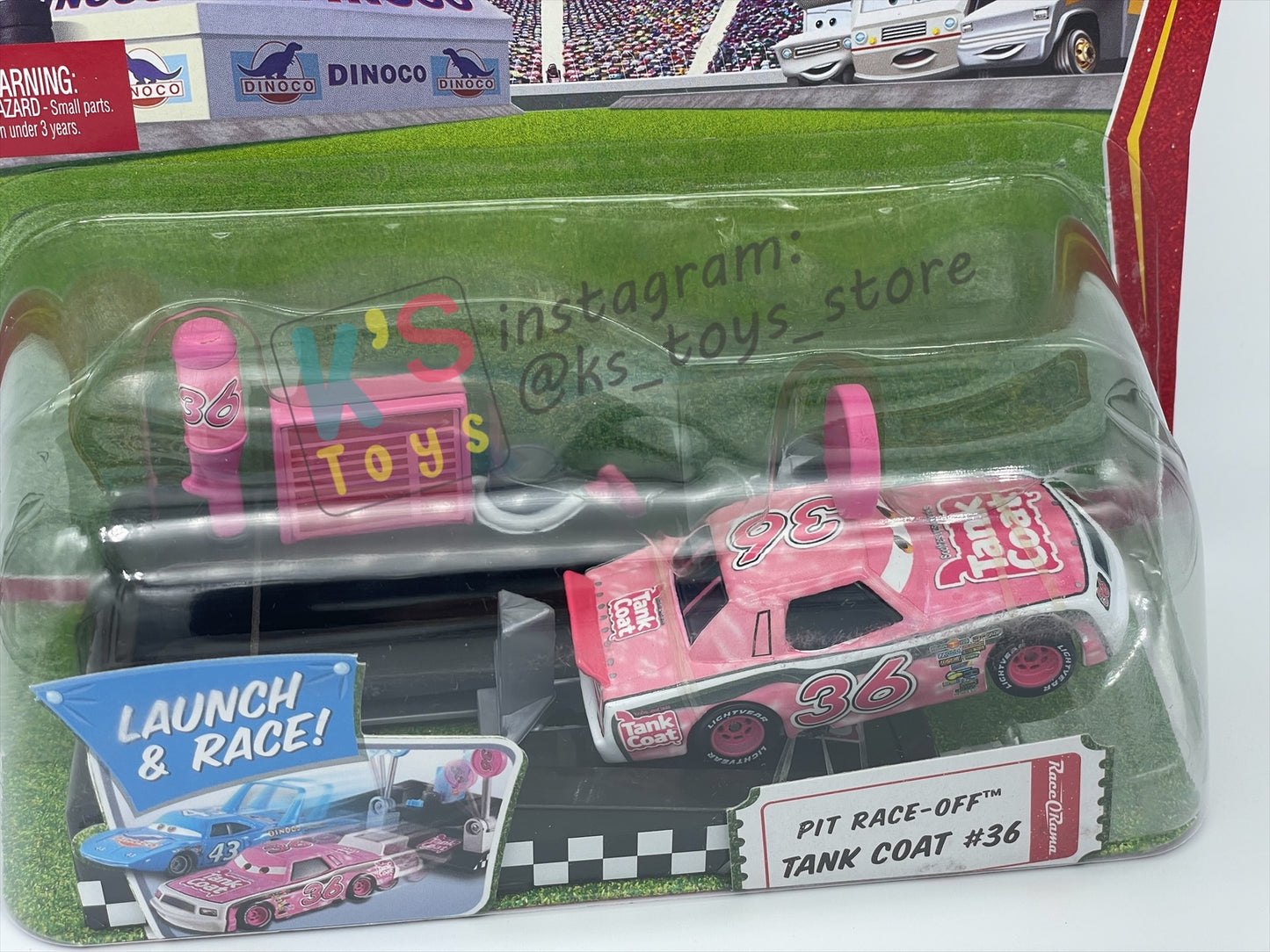 Disney Pixar Cars 1:55 by MATTEL, "PIT RACE-OFF TANK COAT #36" , LAUNCH & RACE - BNIP
