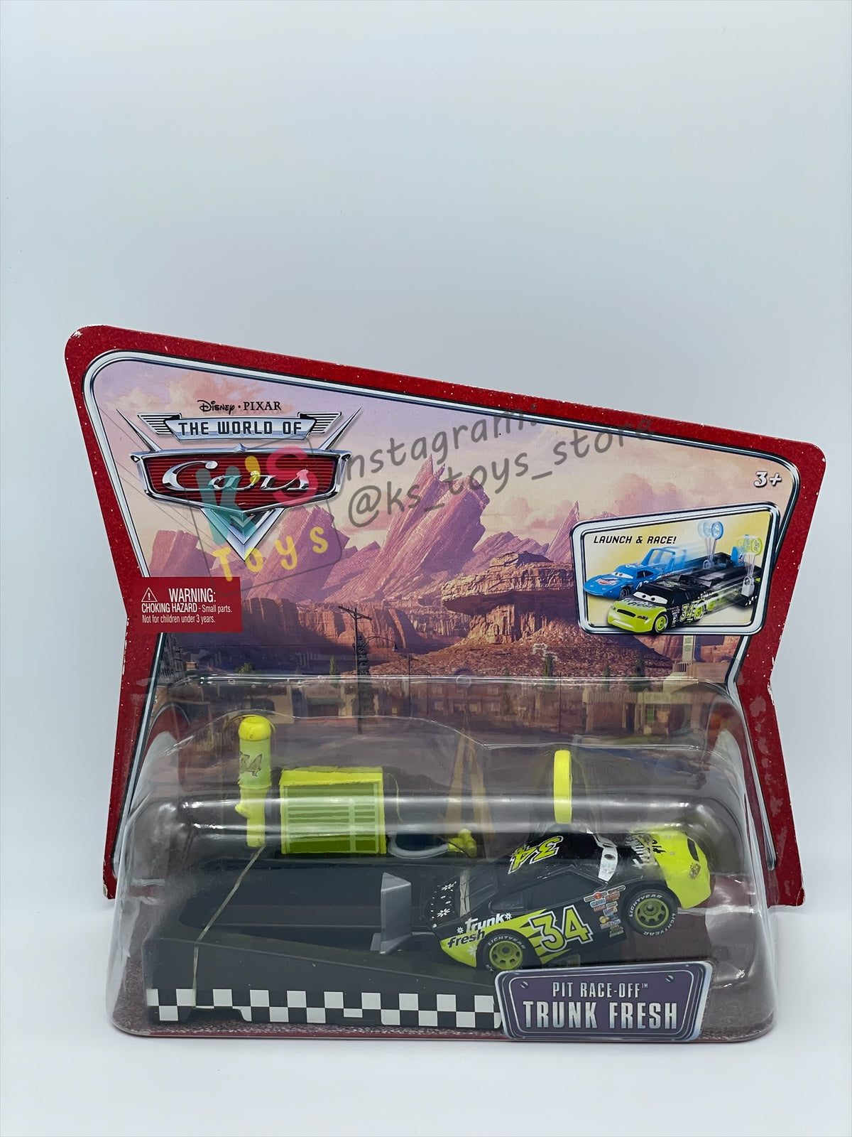 Disney Pixar Cars 1:55 by MATTEL, "PIT RACE-OFF TRUNK FRESH #34" , LAUNCH & RACE - BNIP