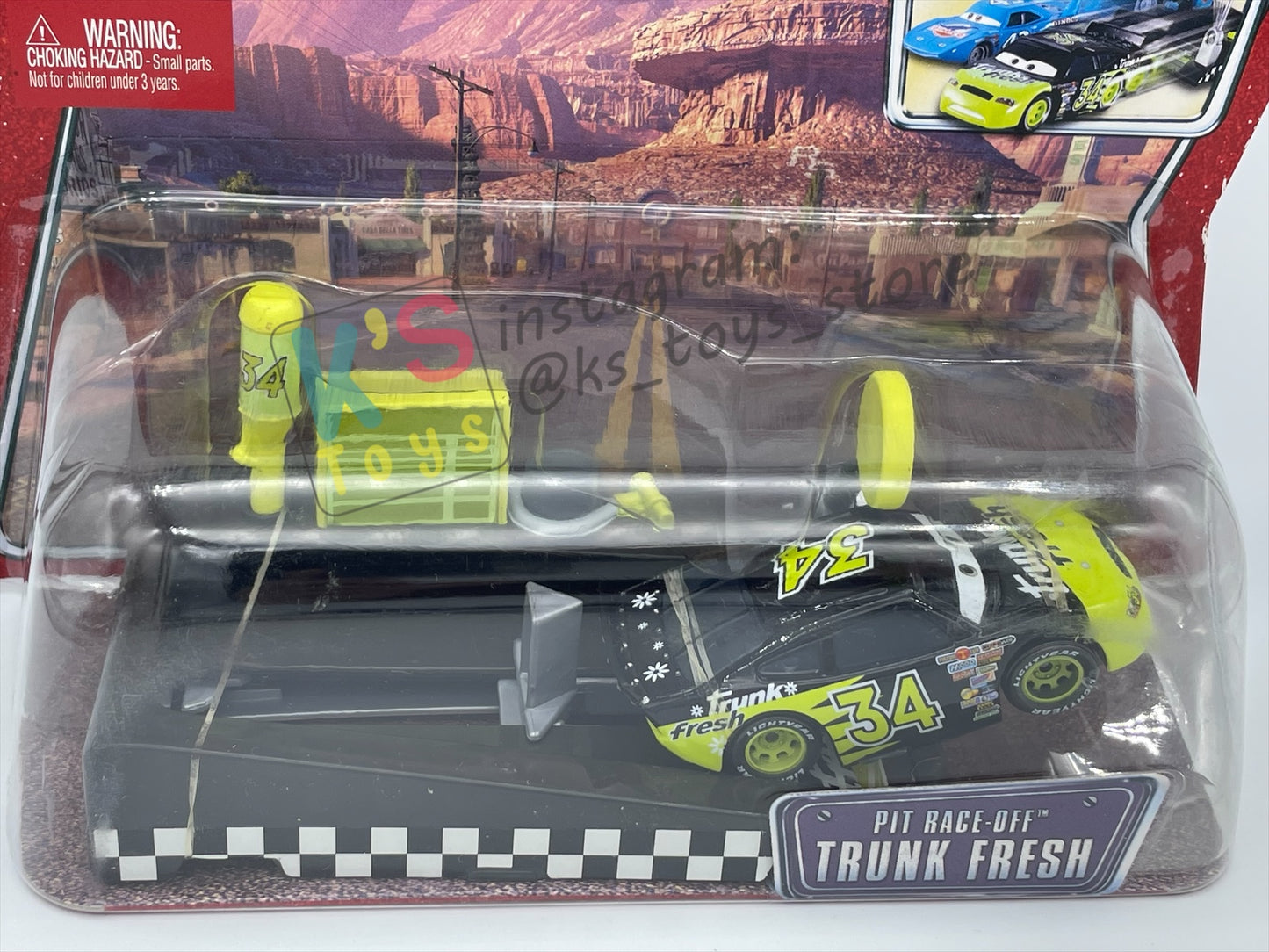 Disney Pixar Cars 1:55 by MATTEL, "PIT RACE-OFF TRUNK FRESH #34" , LAUNCH & RACE - BNIP