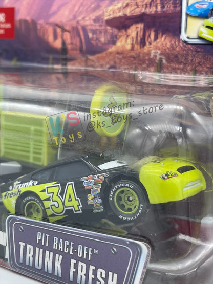 Disney Pixar Cars 1:55 by MATTEL, "PIT RACE-OFF TRUNK FRESH #34" , LAUNCH & RACE - BNIP