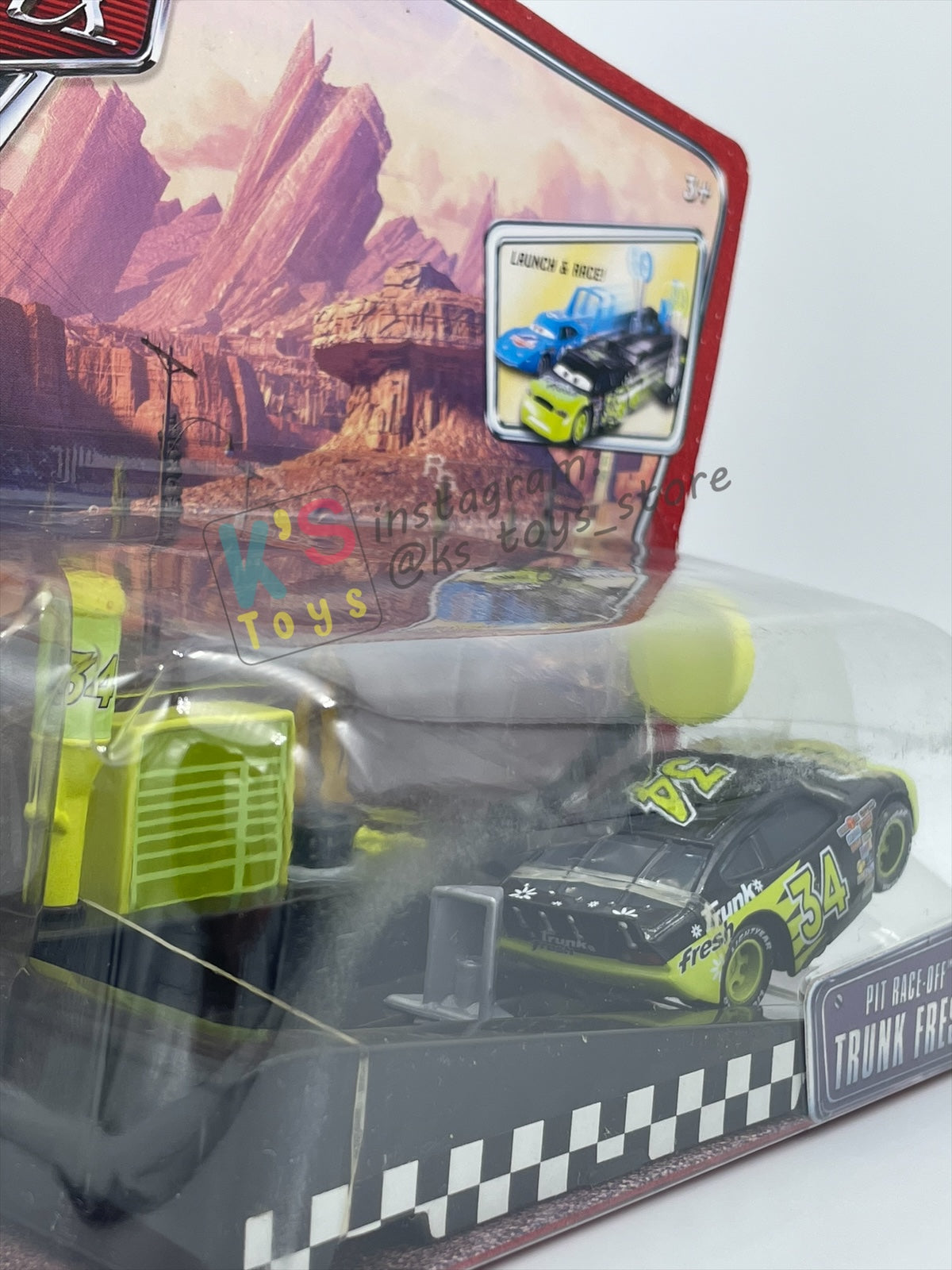 Disney Pixar Cars 1:55 by MATTEL, "PIT RACE-OFF TRUNK FRESH #34" , LAUNCH & RACE - BNIP