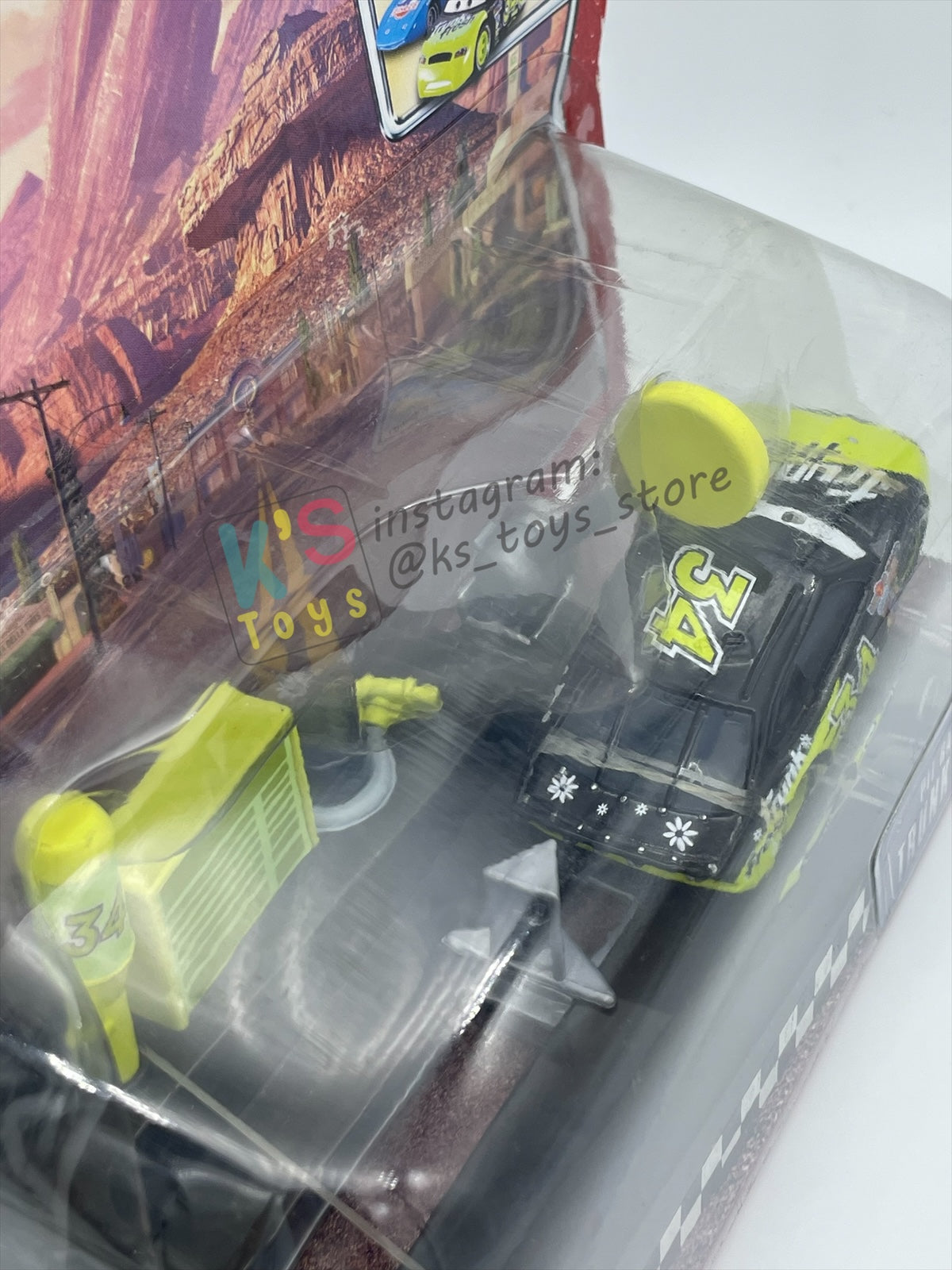 Disney Pixar Cars 1:55 by MATTEL, "PIT RACE-OFF TRUNK FRESH #34" , LAUNCH & RACE - BNIP