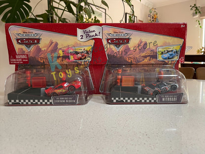 Disney Pixar Cars 1:55 by MATTEL, VALUE 2-PACK "PIT RACE-OFF LIGHTNING MCQUEEN CARS 1 AND NITROADE" LAUCNH AND RACE SERIES - RACE ORAMA - BNIP