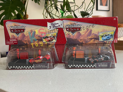 Disney Pixar Cars 1:55 by MATTEL, VALUE 2-PACK "PIT RACE-OFF LIGHTNING MCQUEEN CARS 1 AND NITROADE" LAUCNH AND RACE SERIES - RACE ORAMA - BNIP