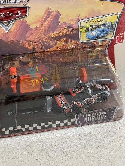 Disney Pixar Cars 1:55 by MATTEL, VALUE 2-PACK "PIT RACE-OFF LIGHTNING MCQUEEN CARS 1 AND NITROADE" LAUCNH AND RACE SERIES - RACE ORAMA - BNIP