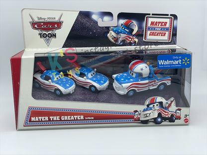 DISNEY PIXAR CARS 1:55 BY MATTEL - CARS TOON MATER THE GREATER 3-PACK GIFT SET - MATER FAN MIA, MATER FAN TIA AND MATER THE GREATER - BNIB