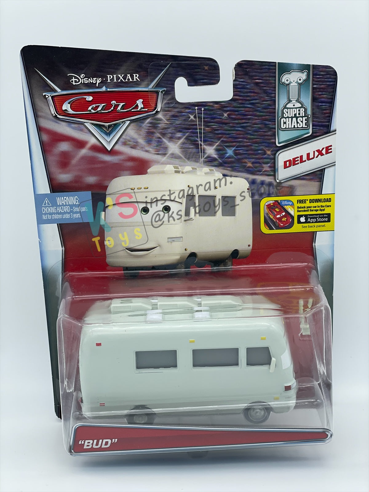 RARE DELUXE DISNEY PIXAR CARS BY MATTEL, "BUD" SUPER CHASE - BNIP