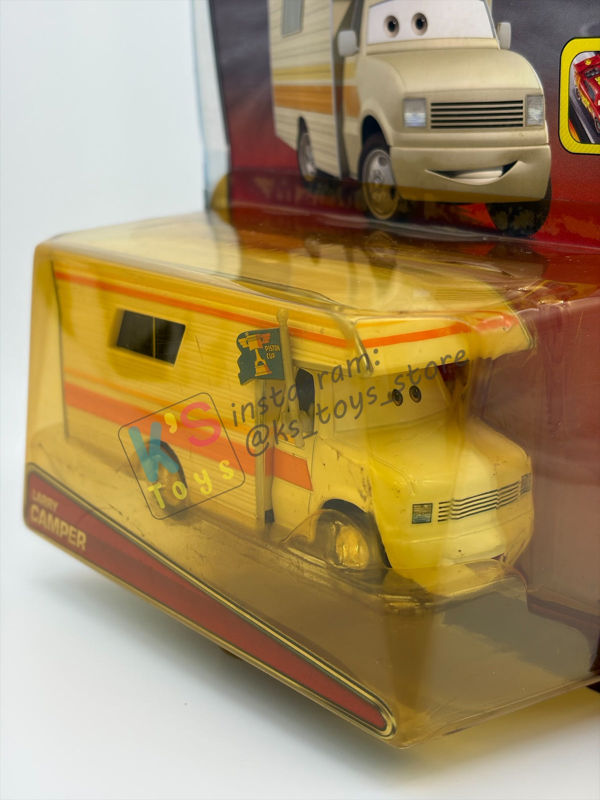 RARE DELUXE DISNEY PIXAR CARS BY MATTEL, "LARRY CAMPER" PISTON CUP - BNIP