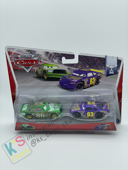 Disney Pixar Cars 1:55 by Mattel 2-Pack Piston Cup, CHICK HICKS & TRANSBERRY JUICE NO. 63 - BNIP