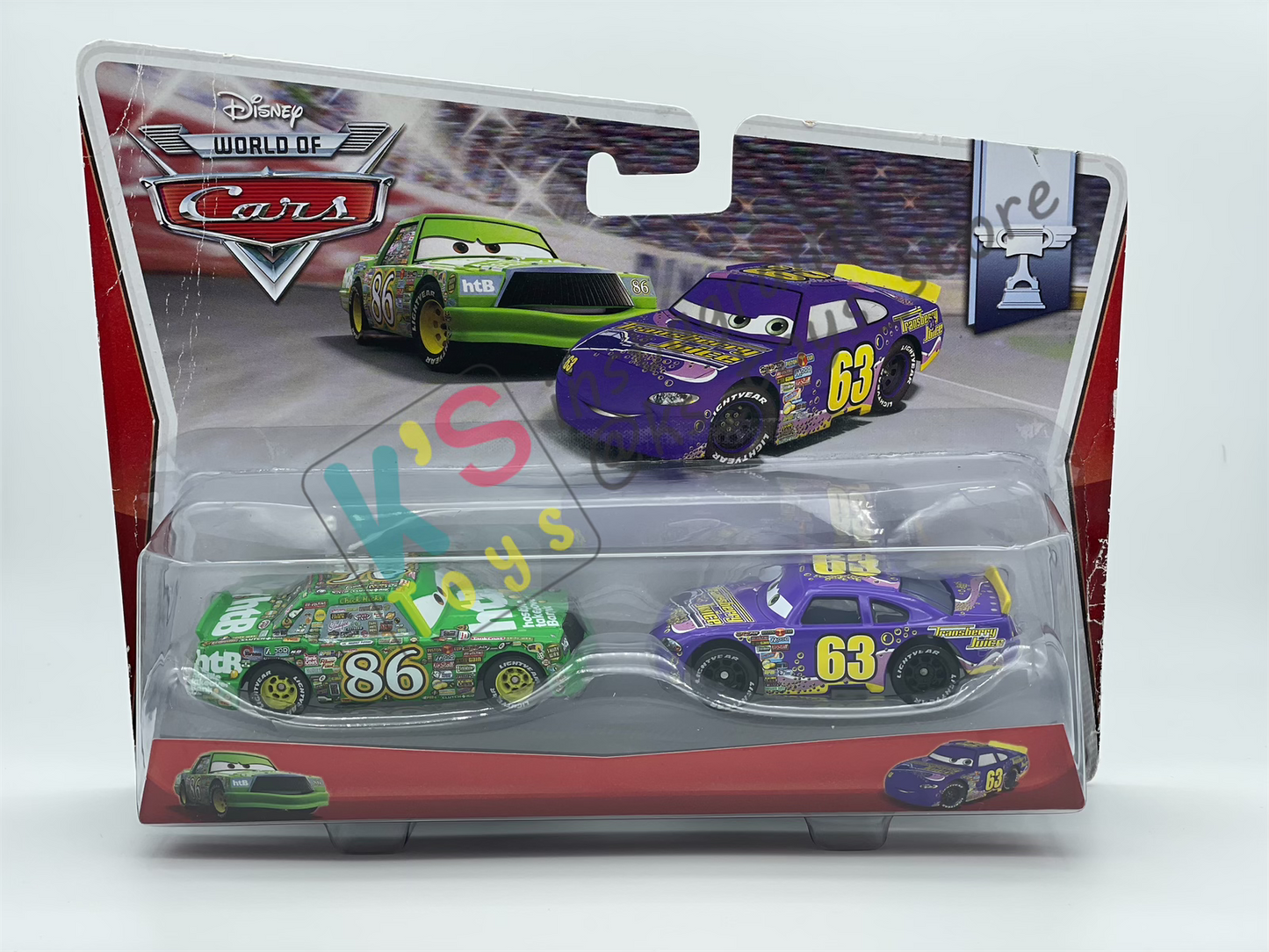 Disney Pixar Cars 1:55 by Mattel 2-Pack Piston Cup, CHICK HICKS & TRANSBERRY JUICE NO. 63 - BNIP