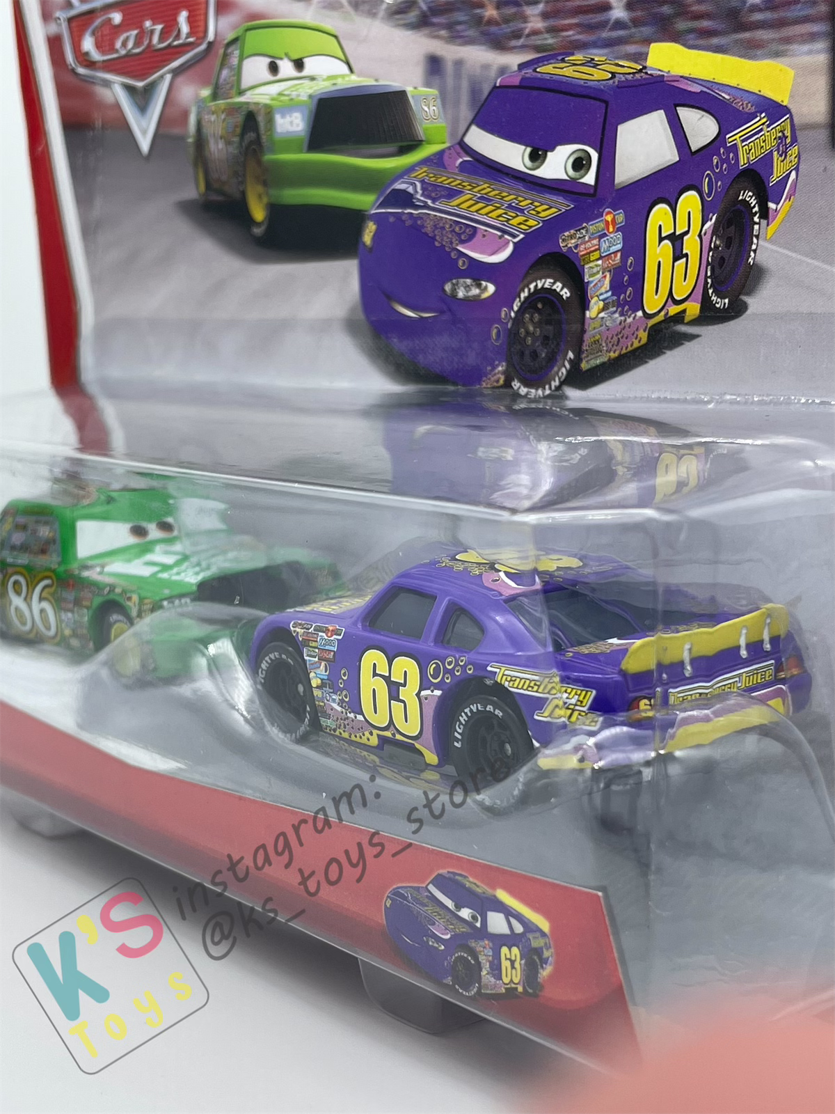 Disney Pixar Cars 1:55 by Mattel 2-Pack Piston Cup, CHICK HICKS & TRANSBERRY JUICE NO. 63 - BNIP