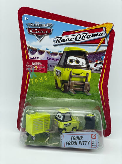 DISNEY PIXAR CARS 1:55 BY MATTEL, TRUNK FRESH PITTY - RACE ORAMA - BNIP *PACKAGING NOT IN MINT CONDITION!!**