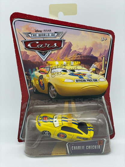 DISNEY PIXAR CARS 1:55 BY MATTEL, "CHARLIE CHECKER ORANGE TAILLIGHTS" THE WORLD OF CARS SERIES- BNIP