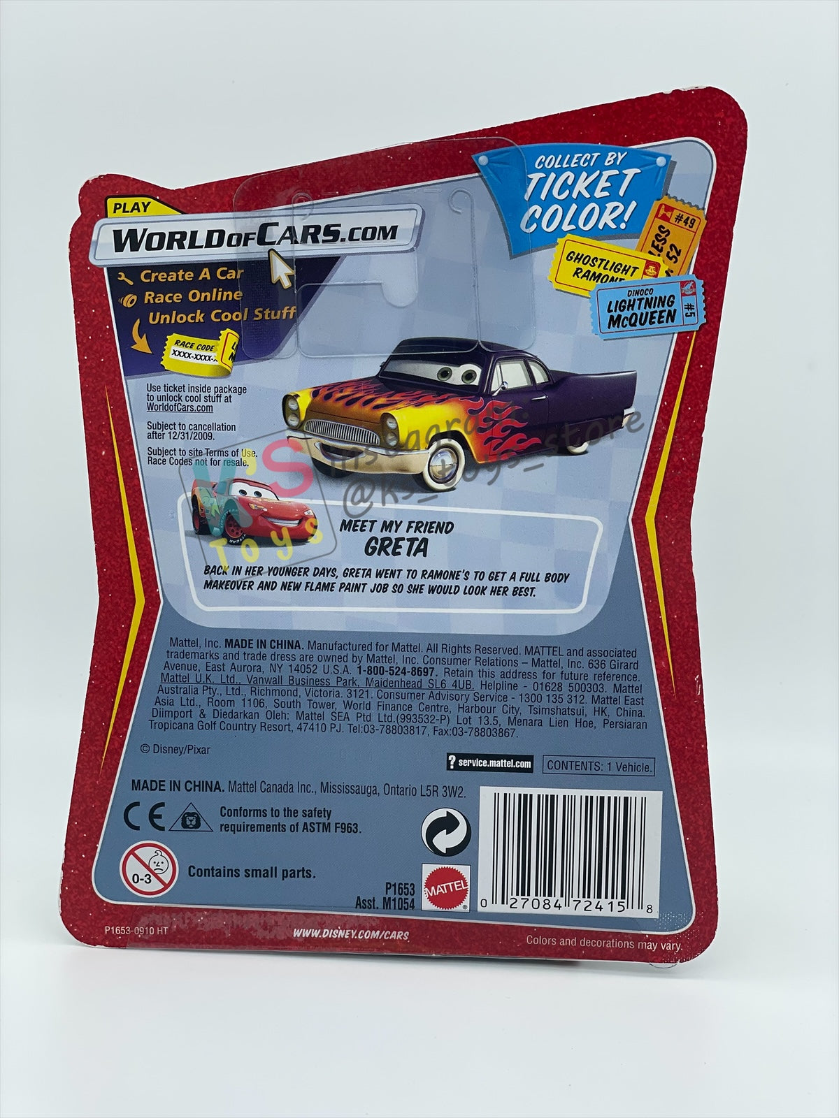 DISNEY PIXAR CARS 1:55 BY MATTEL, VITOLINE PITTY - RACE ORAMA SERIES - BNIP