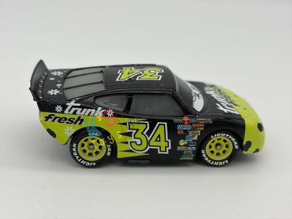 PRE-OWNED / LOOSE DISNEY PIXAR CARS 1:55 BY MATTEL - "DIRKSON D'AGOSTINO - TRUNK FRESH #34" - CARS DINOCO 400 - PLAYED CONDITION