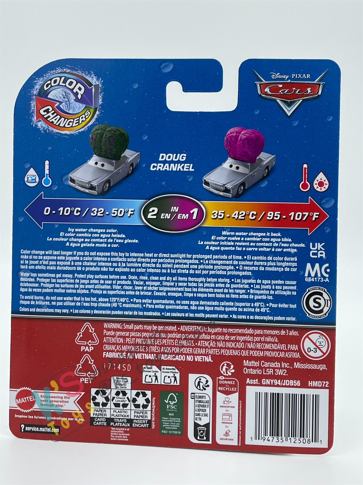 COLOR CHANGERS Disney Pixar Cars by MATTEL, DOUG CRANKEL (GREEN/PURPLE) - BNIP