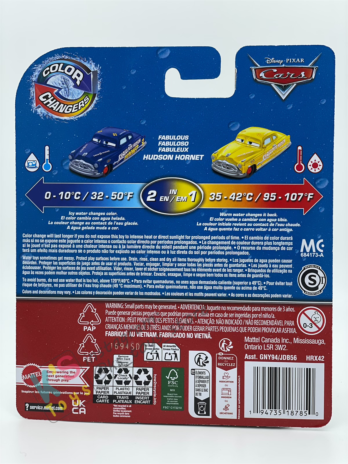 COLOR CHANGERS Disney Pixar Cars by MATTEL, FABULOUS HUDSON HORNET (BLUE/YELLOW) - BNIP