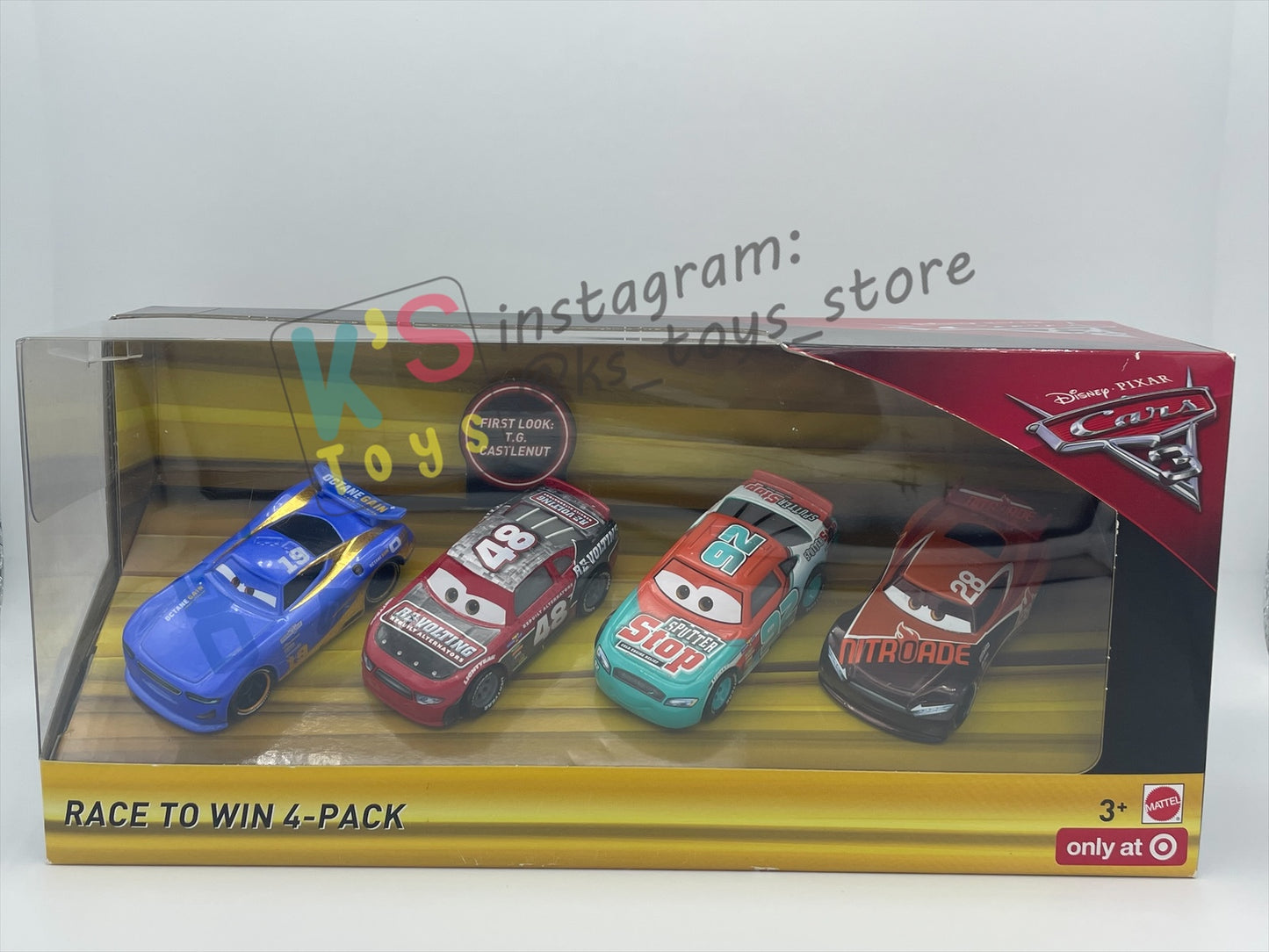GIFT SET OF DISNEY PIXAR CARS 1:55 BY MATTEL - RACE TO WIN 4-PACK "T.G CASTLENUT, MURRAY CLUTCHBURN, DANNY SWERVEZ, TIM TREADLESS" - BNIB