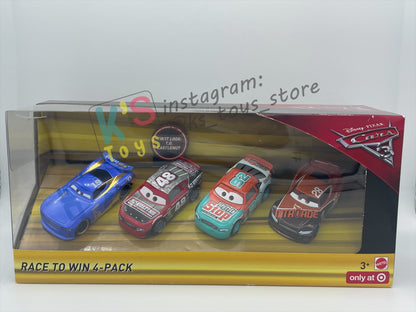 GIFT SET OF DISNEY PIXAR CARS 1:55 BY MATTEL - RACE TO WIN 4-PACK "T.G CASTLENUT, MURRAY CLUTCHBURN, DANNY SWERVEZ, TIM TREADLESS" - BNIB