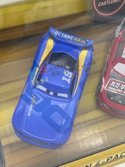 GIFT SET OF DISNEY PIXAR CARS 1:55 BY MATTEL - RACE TO WIN 4-PACK "T.G CASTLENUT, MURRAY CLUTCHBURN, DANNY SWERVEZ, TIM TREADLESS" - BNIB