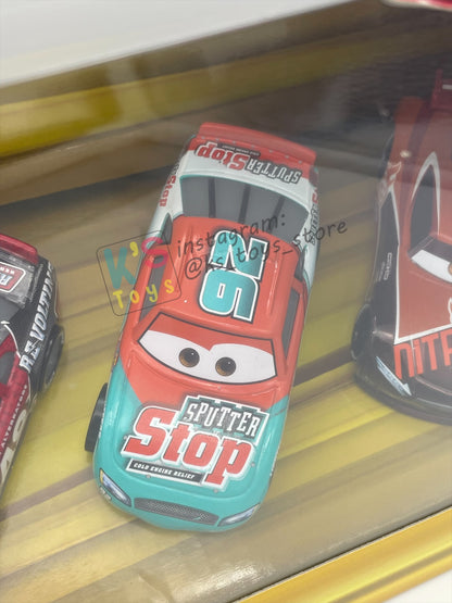 GIFT SET OF DISNEY PIXAR CARS 1:55 BY MATTEL - RACE TO WIN 4-PACK "T.G CASTLENUT, MURRAY CLUTCHBURN, DANNY SWERVEZ, TIM TREADLESS" - BNIB