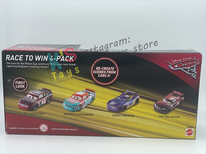 GIFT SET OF DISNEY PIXAR CARS 1:55 BY MATTEL - RACE TO WIN 4-PACK "T.G CASTLENUT, MURRAY CLUTCHBURN, DANNY SWERVEZ, TIM TREADLESS" - BNIB