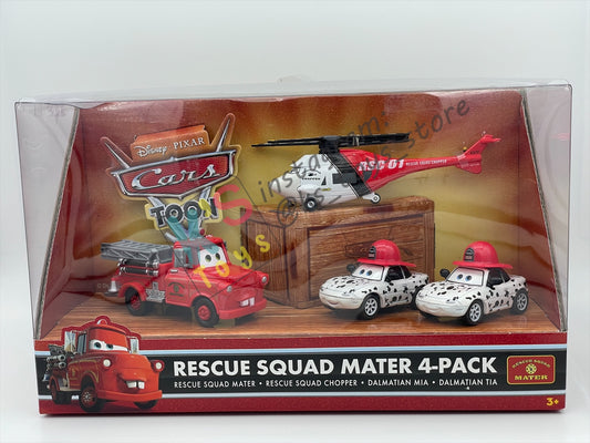DISNEY PIXAR CARS BY MATTEL - CARS TOON RESCUE SQUAD MATER 4-PACK GIFT SET "RESCUE SQUAD MATER, RESCUE SQUAD CHOPPER, DALMATIAN MIA AND DALMATIAN TIA" - BNIB