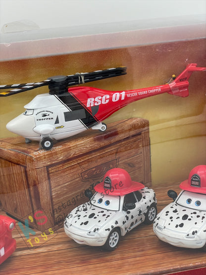 DISNEY PIXAR CARS BY MATTEL - CARS TOON RESCUE SQUAD MATER 4-PACK GIFT SET "RESCUE SQUAD MATER, RESCUE SQUAD CHOPPER, DALMATIAN MIA AND DALMATIAN TIA" - BNIB