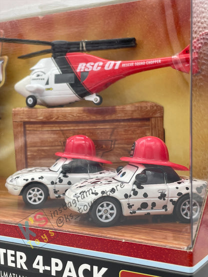 DISNEY PIXAR CARS BY MATTEL - CARS TOON RESCUE SQUAD MATER 4-PACK GIFT SET "RESCUE SQUAD MATER, RESCUE SQUAD CHOPPER, DALMATIAN MIA AND DALMATIAN TIA" - BNIB