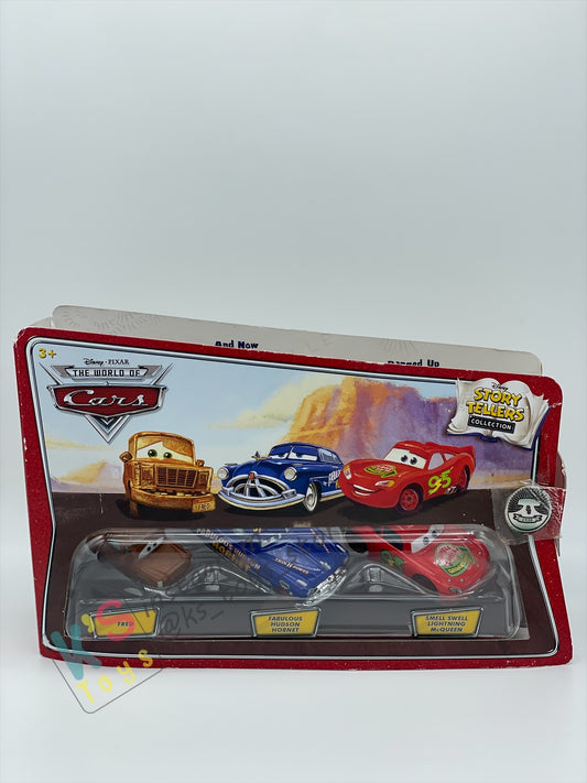STORY TELLERS DISNEY PIXAR CARS BY MATTEL, 3 PACK "FRED, FABULOUS HUDSON HORNET, SMELL SWELL LIGHTNING MCQUEEN" - BNIP