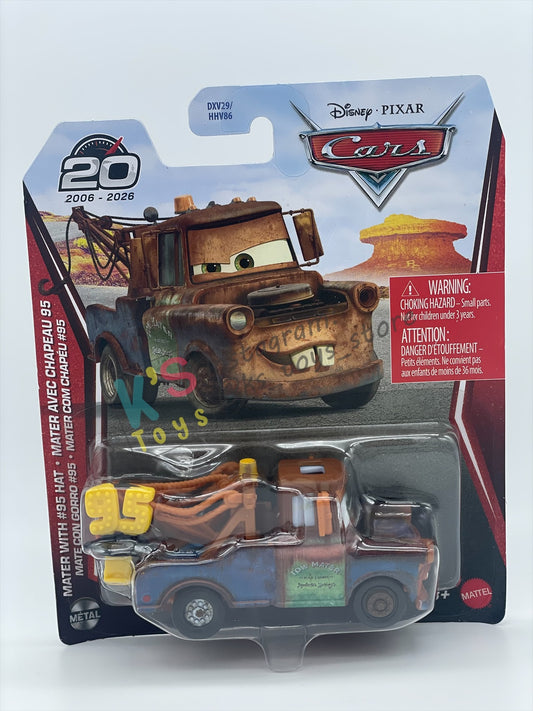 DISNEY PIXAR CARS BY MATTEL 1:55, "MATER WITH #95 HAT" - 2026 RE-RELEASED 20TH ANNIVERSARY CARD - BNIP