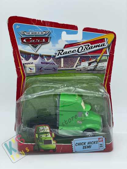 DELUXE DISNEY PIXAR CARS BY MATTEL, "CHICK HICKS SEMI TRUCK" RACE ORAMA (BLISTER CRACKED) - BNIP