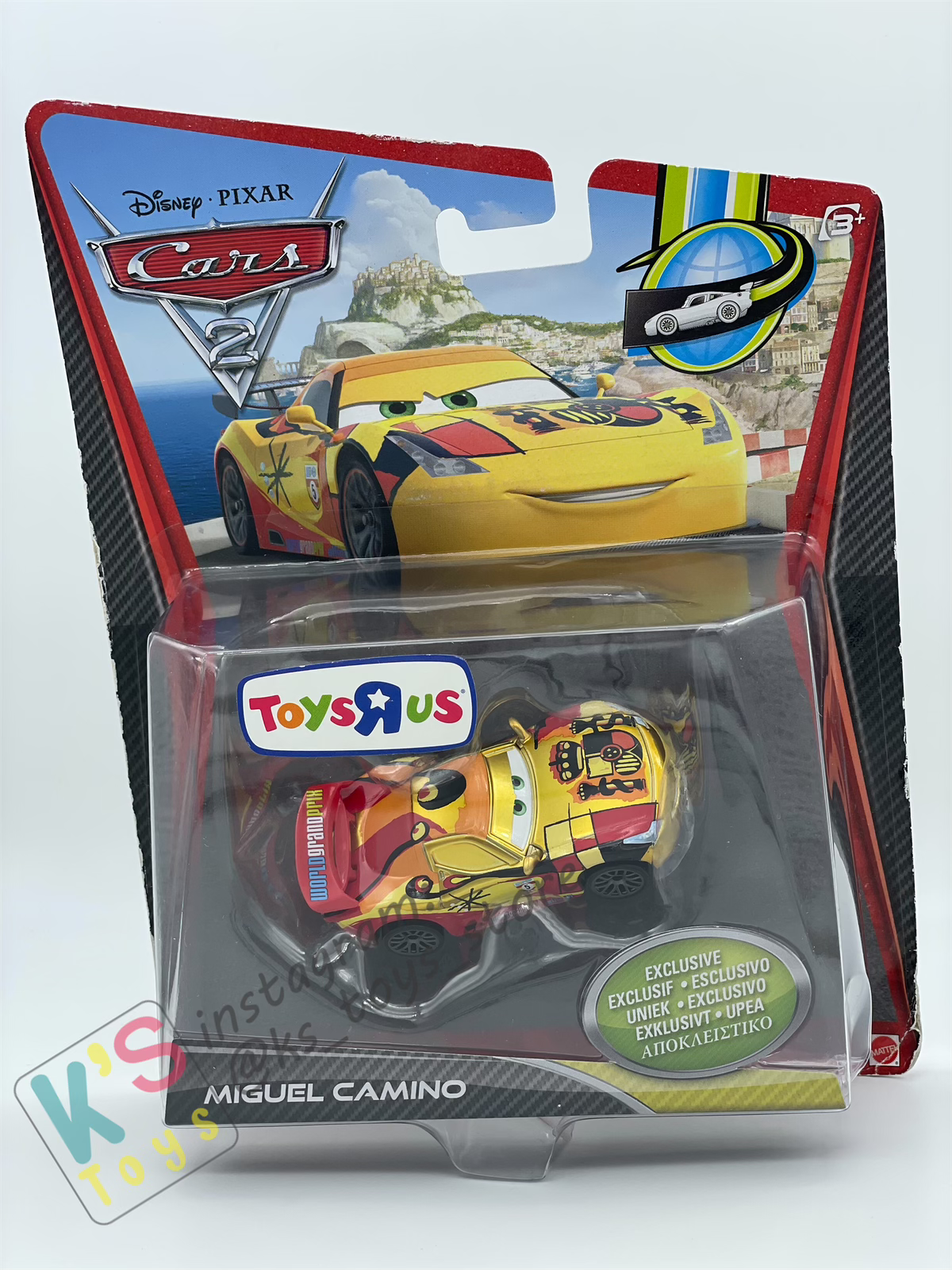 DELUXE DISNEY PIXAR CARS BY MATTEL, "MIGUEL CAMINO" GOLD METALLIC FINISH EXCLUSIVE TOYSRUS - CARS 2 - BNIP