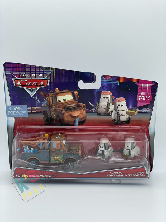 Disney Pixar Cars 1:55 2-Pack by Mattel, Mater With Allinol Cans and Edamame Tsashimi & Daisu Tsashimi - Tokyo Party - BNIP