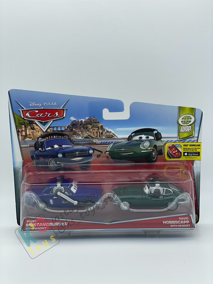 Disney Pixar Cars 1:55 2-Pack by Mattel, BRENT MUSTANGBURGER WITH HEADSET AND DAVID HOBBSCAPP WITH HEADSET - WGP CARS 2 - BNIP