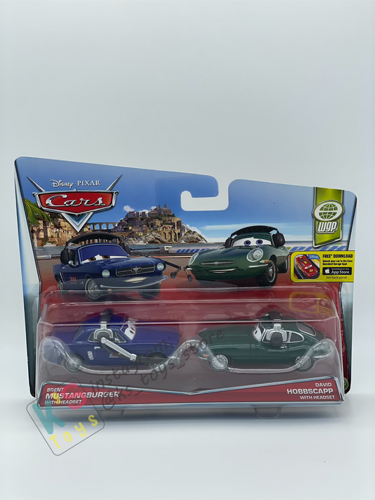 Disney Pixar Cars 1:55 2-Pack by Mattel, BRENT MUSTANGBURGER WITH HEADSET AND DAVID HOBBSCAPP WITH HEADSET - WGP CARS 2 - BNIP