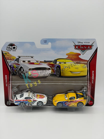 Disney Pixar Cars 1:55 by Mattel 2-Pack, PAT TRAXSON AND JEFF GORVETTE - 2026 RE-RELEASED 20th ANNIVERSARY CARD - BNIP
